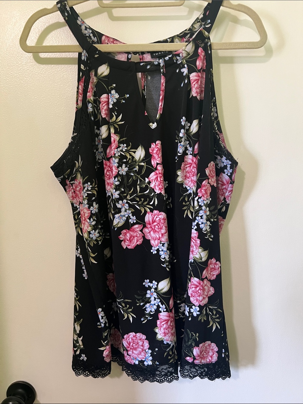 Torrid Black Floral Halter Tank with Pink Roses size 1